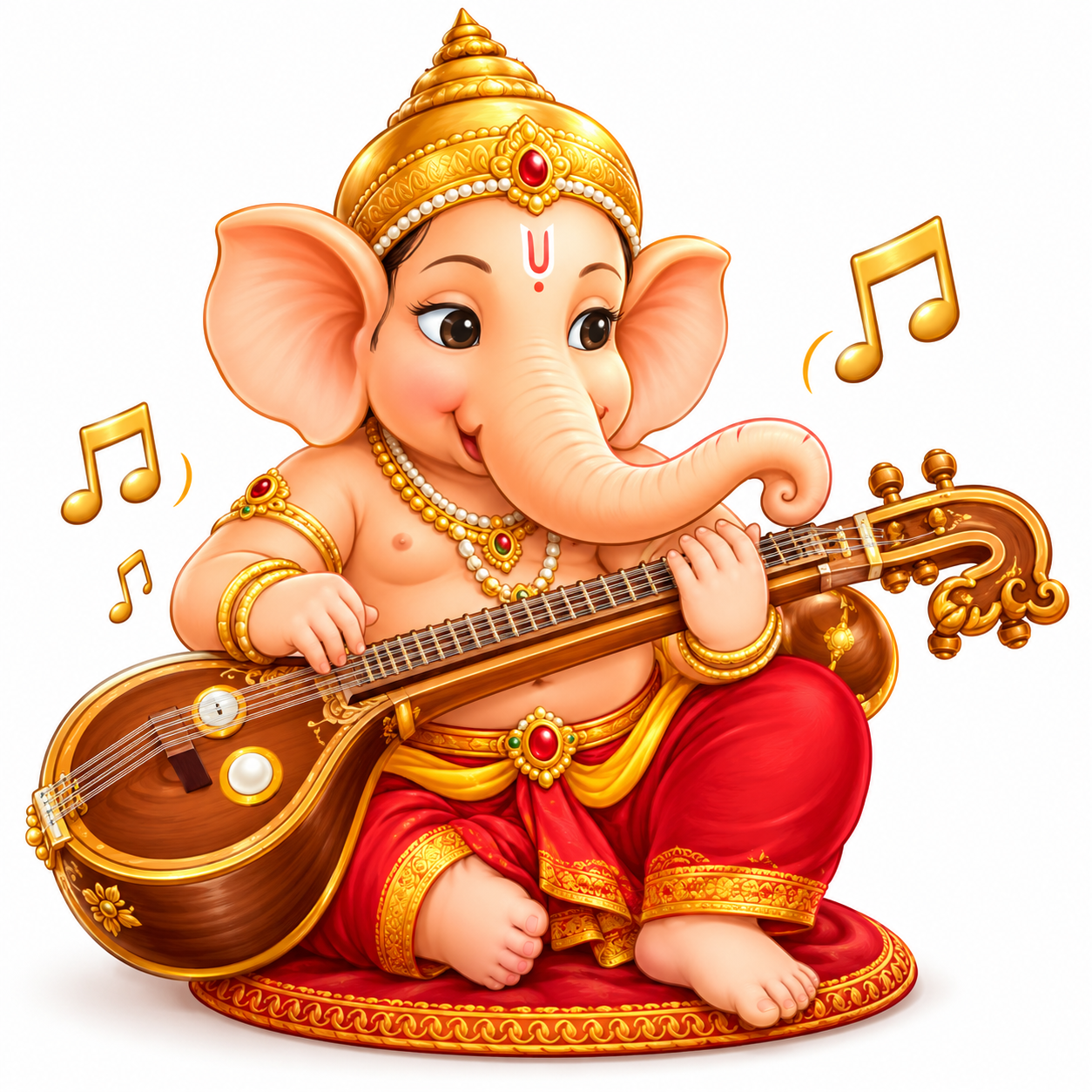 Baby Ganesha seated playing a veena-like string instrument