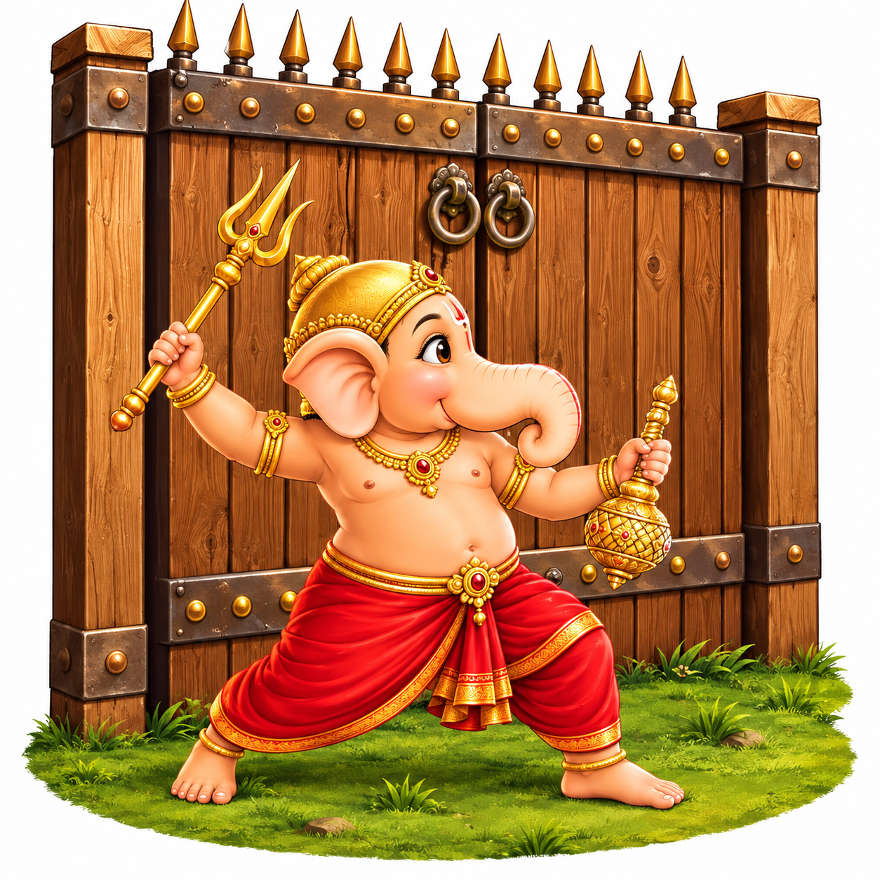 Baby Ganesha in a warrior-style pose with ceremonial ornaments