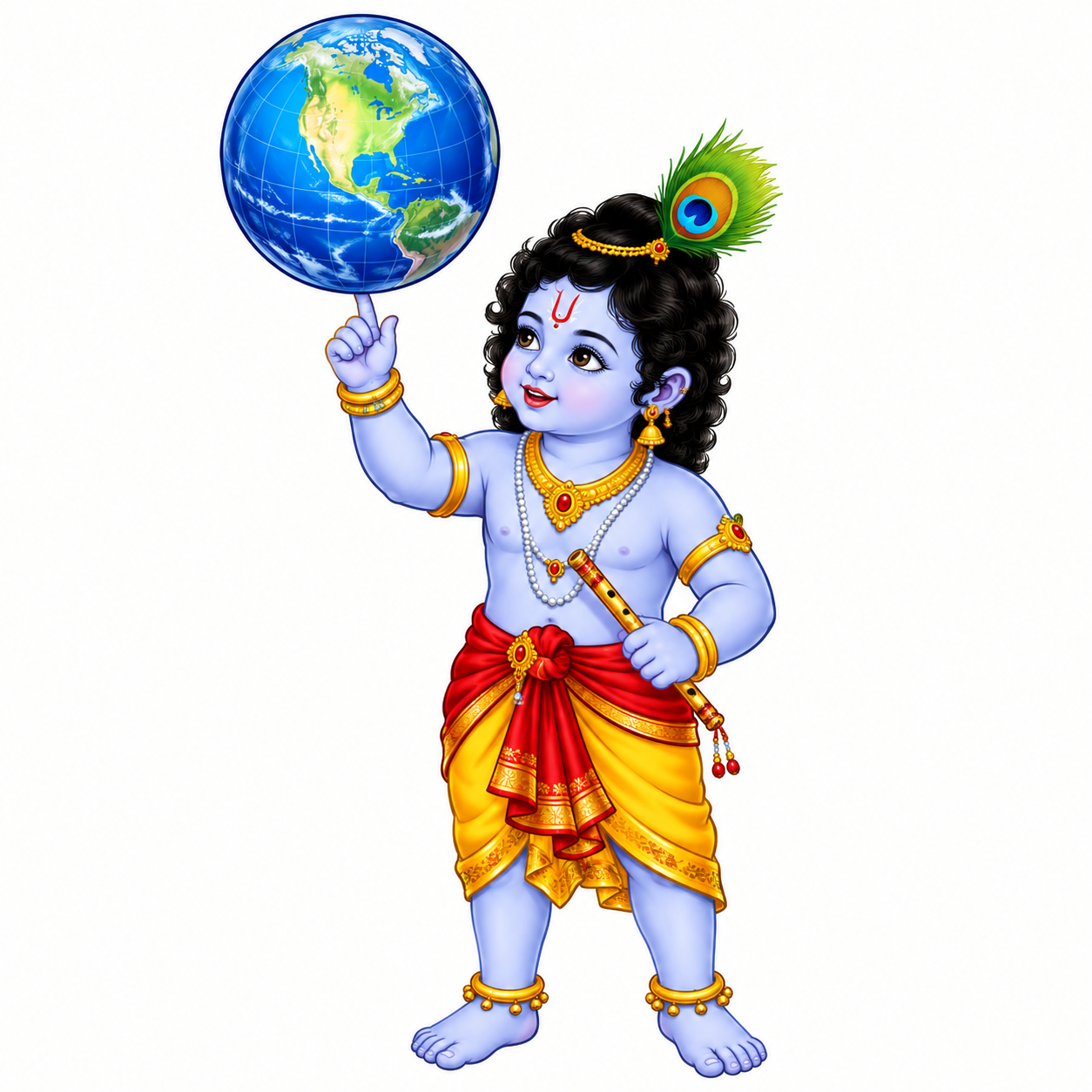 Baby Krishna balances a blue globe representing Earth on one fingertip while holding a flute.
