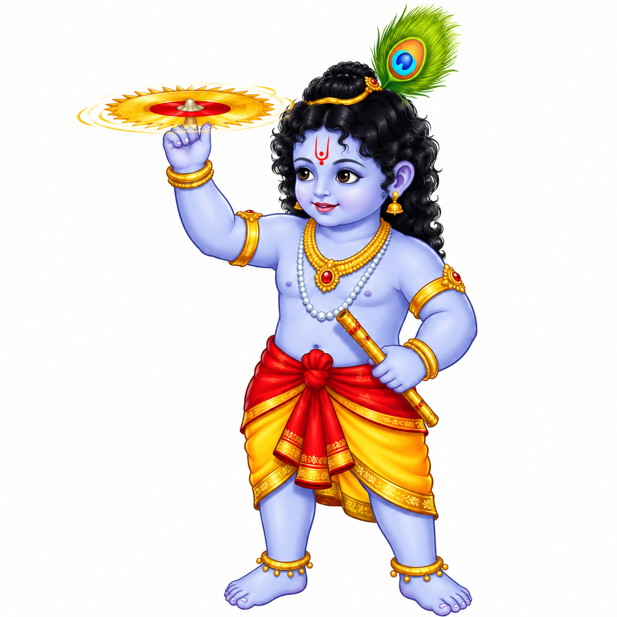 Baby Krishna holding a flute while balancing a glowing Sudarshana Chakra above one hand
