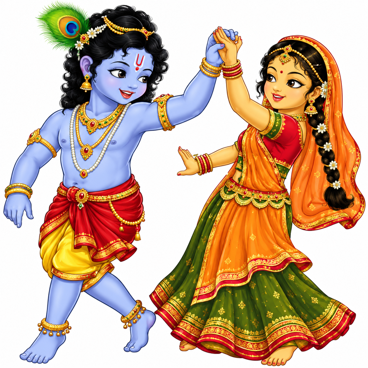 Baby Krishna dances with a girl in bright orange and green traditional clothing.