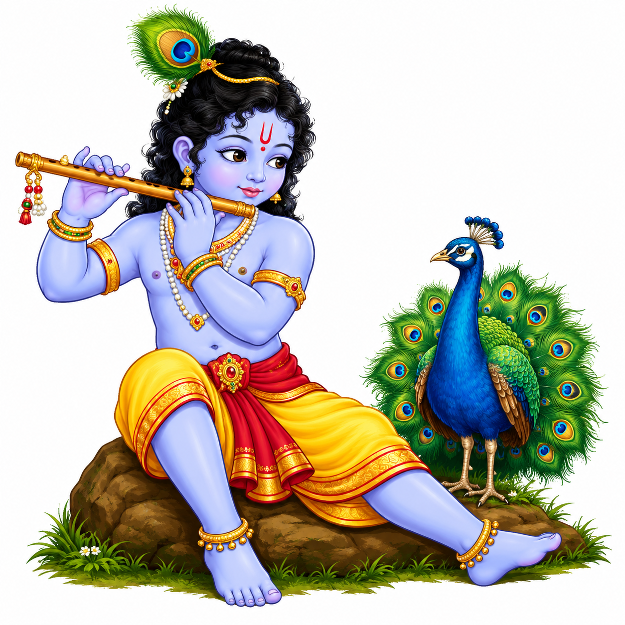 Young Krishna plays his flute while seated beside a peacock in a grassy setting.