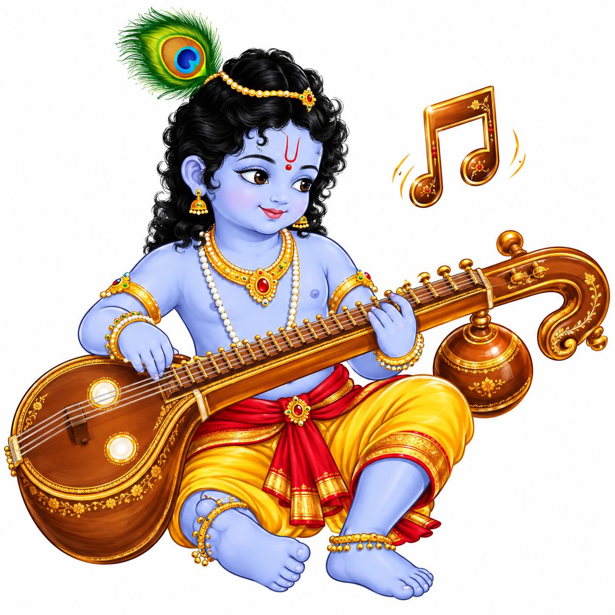 Baby Krishna sits and plays a richly decorated veena, with a musical note beside him.