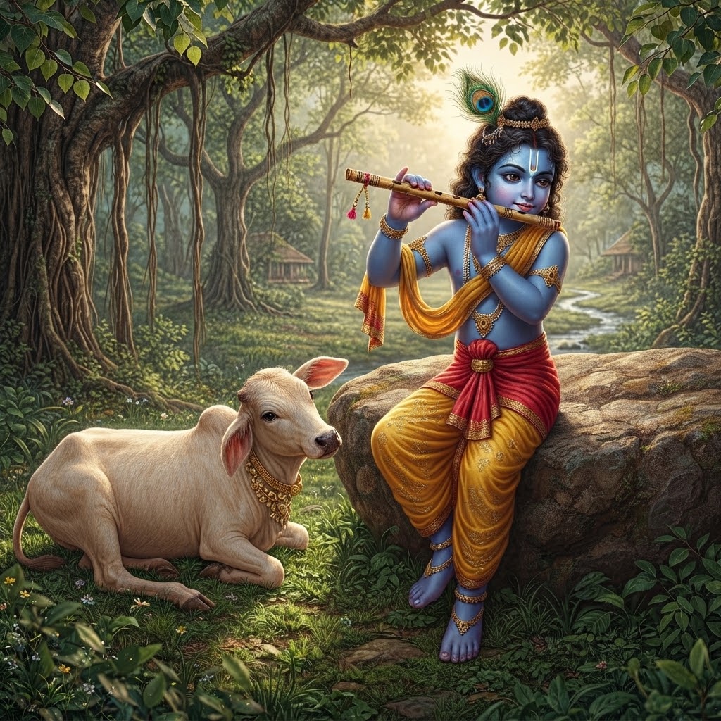 Young Krishna plays his flute beside a calf in a sunlit forest.