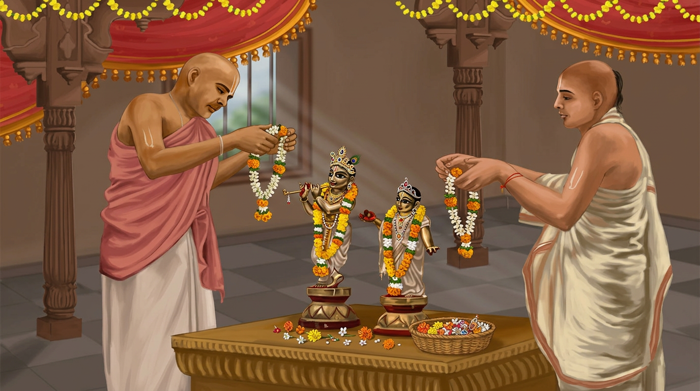 पुजारीहरू कृष्ण मूर्ति सजाउँदै