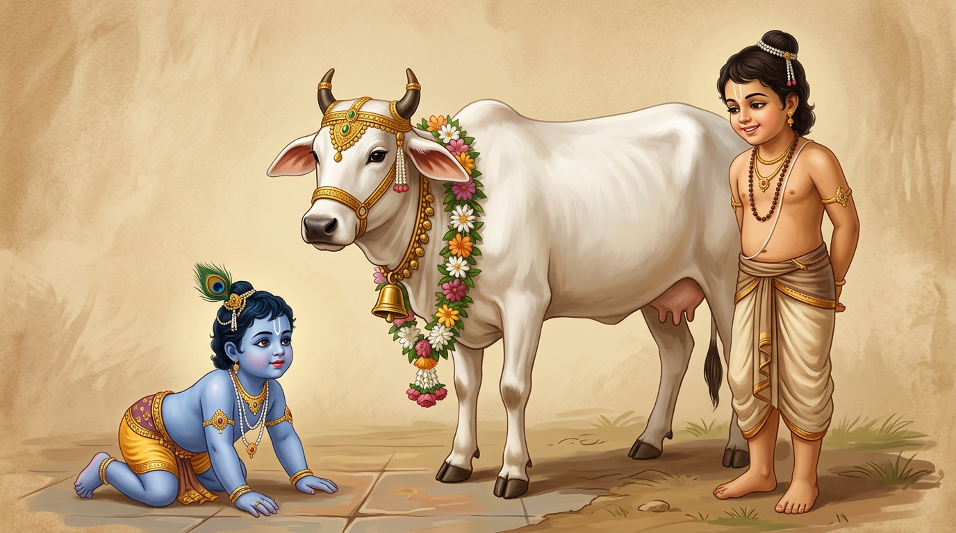 गाईको छेउमा घस्रँदै बाल कृष्ण
