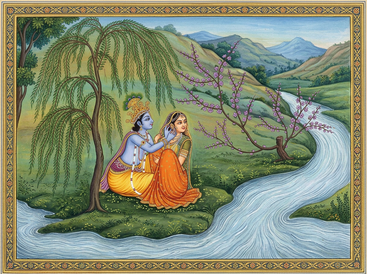नदी किनारको रुखमुनि राधा-कृष्ण
