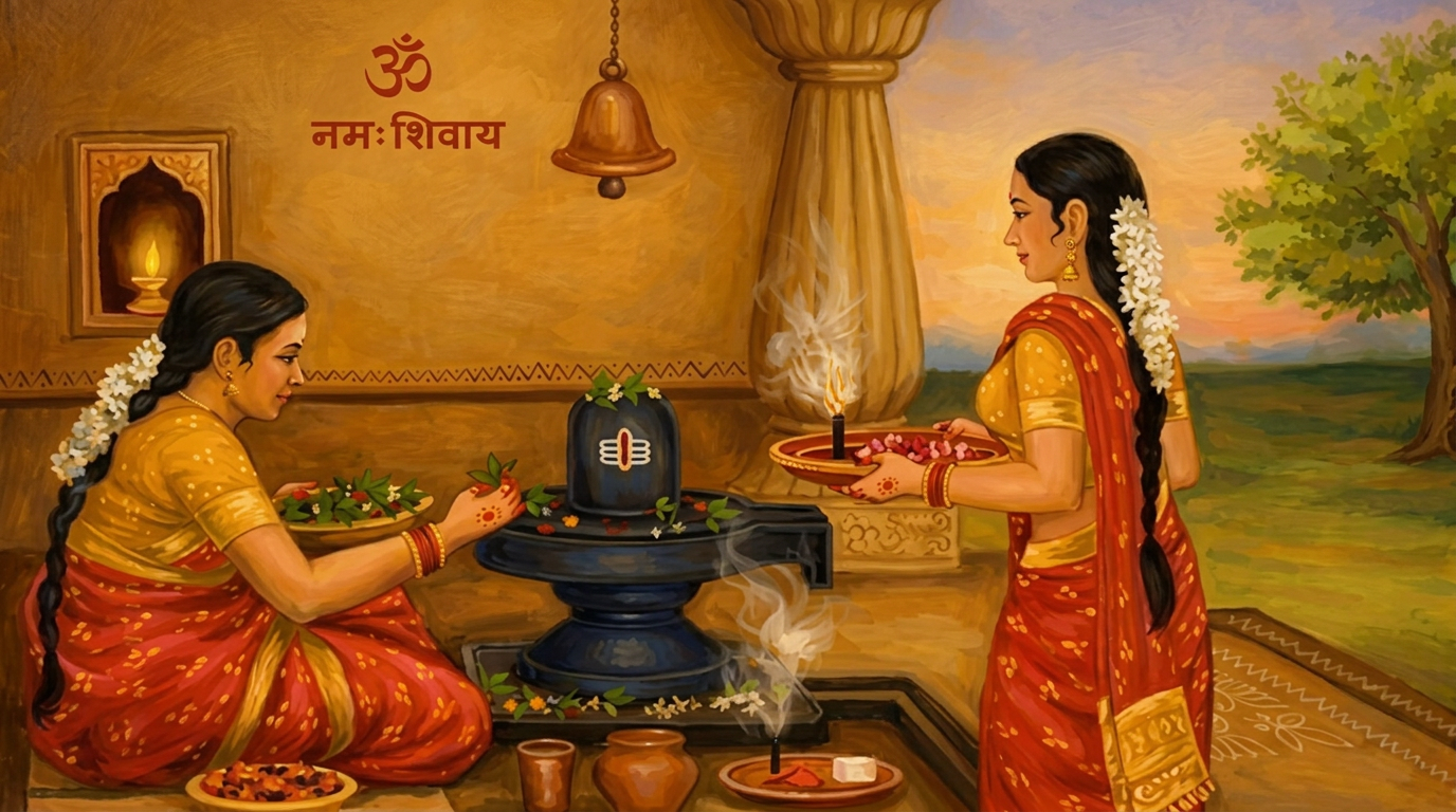 शिवलिङ्गको पूजा गर्दै दुई महिला