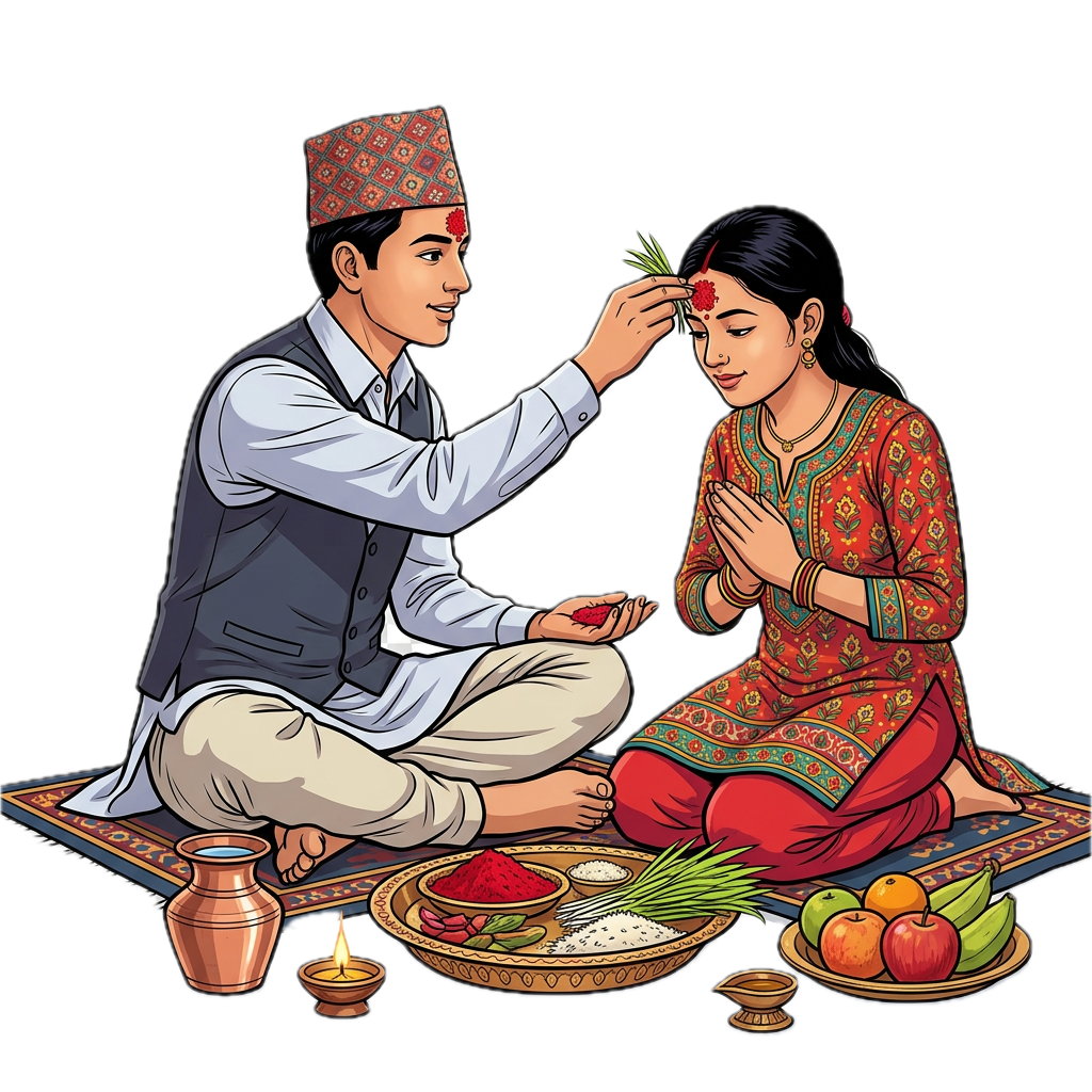 Brother and sister sitting together during a traditional Dashain tika ceremony