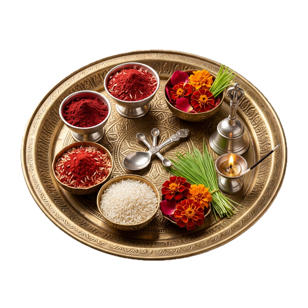 Tika plate holding red vermilion, rice, flowers, and ritual items