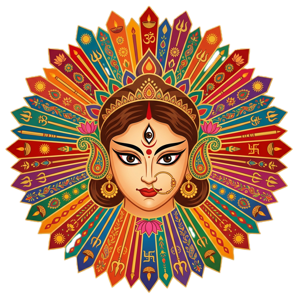 Stylized Durga eyes and bindi surrounded by a burst of colorful rays