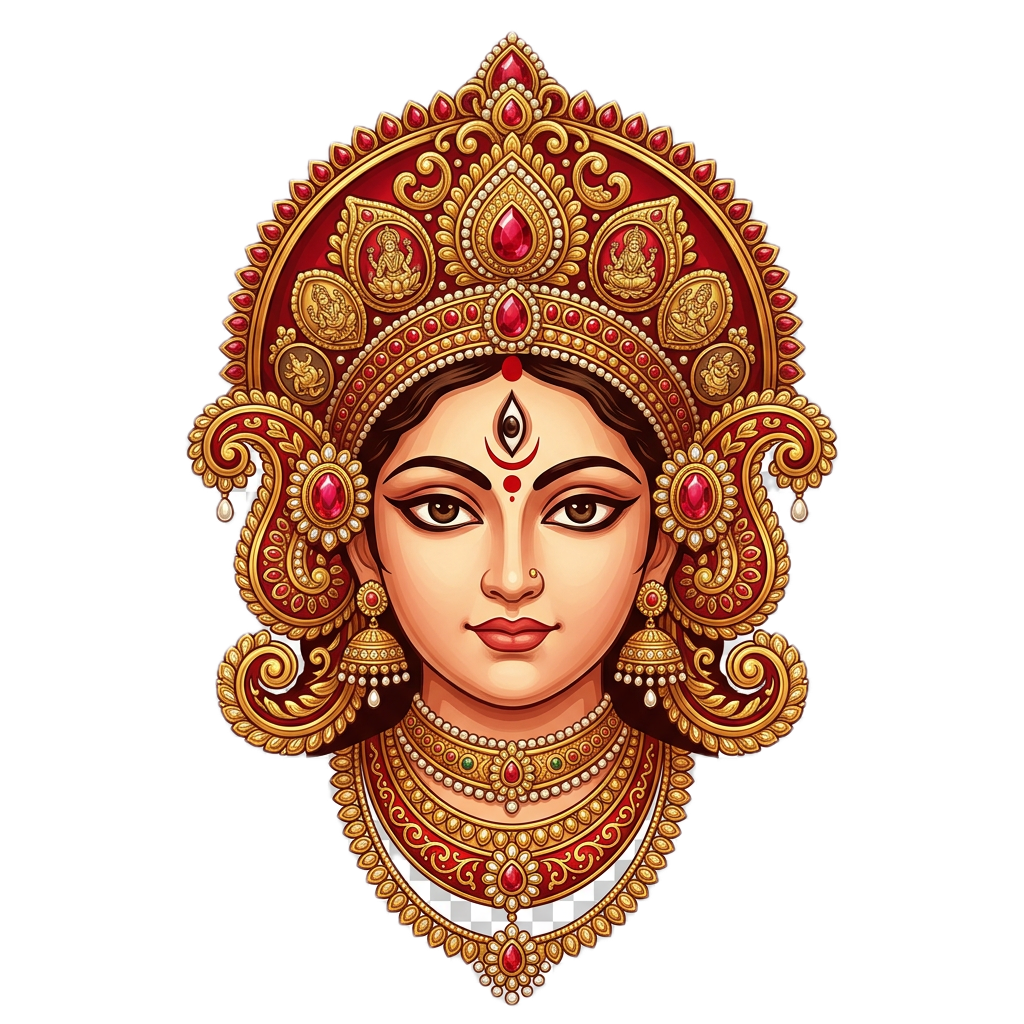Illustrated face of Goddess Durga wearing an ornate red headdress and jewelry
