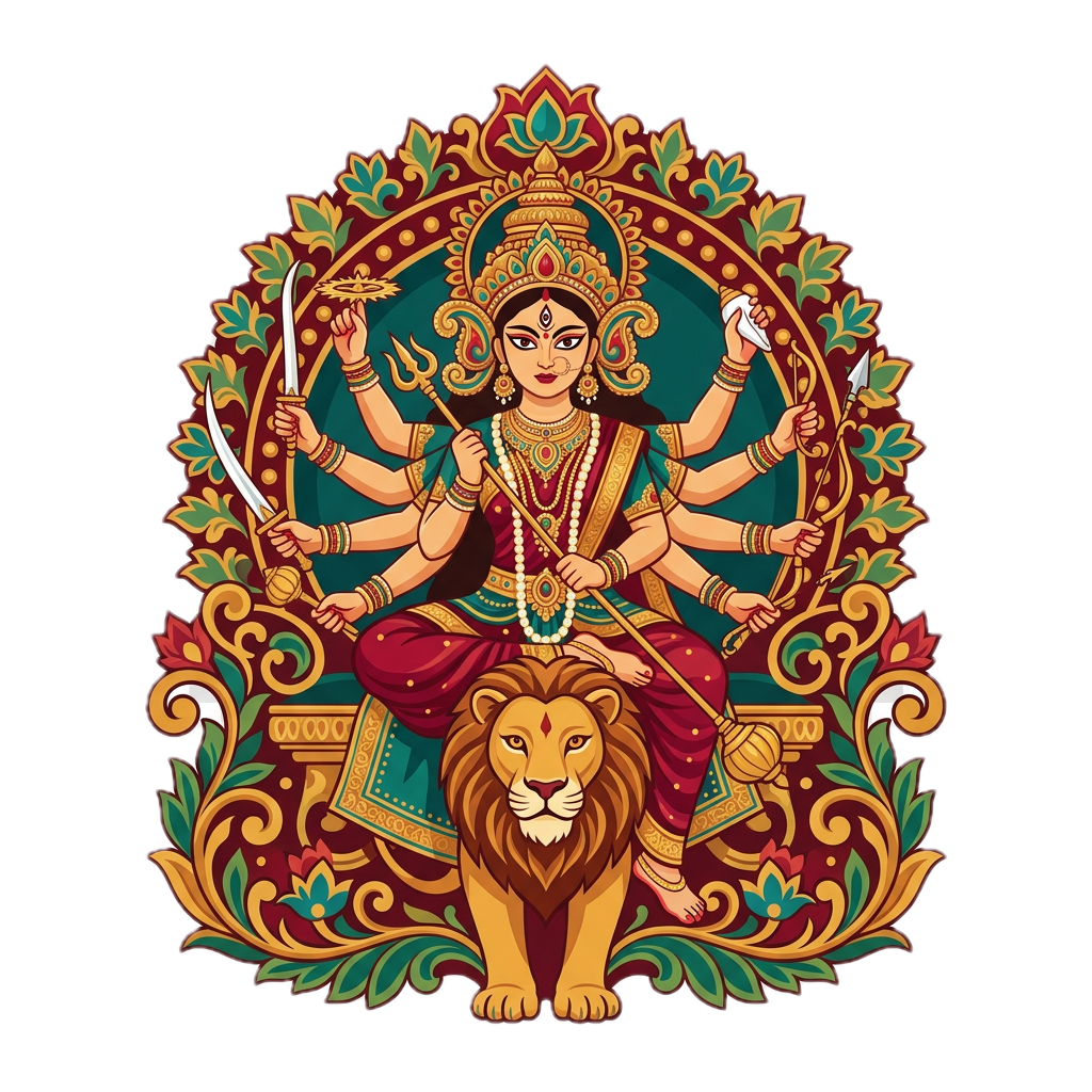 Ornately dressed Goddess Durga depicted with floral decorative details