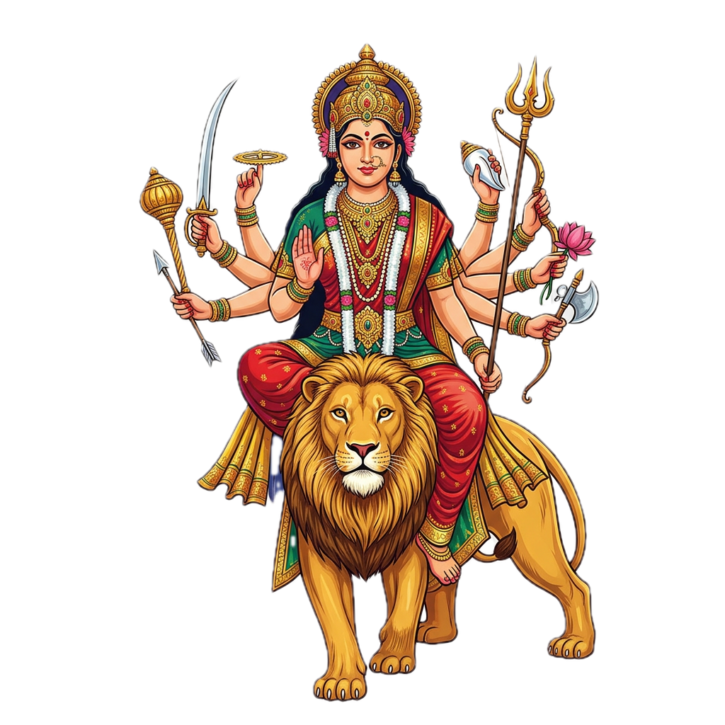 Multi-armed Goddess Durga seated on a golden lion and holding symbolic weapons