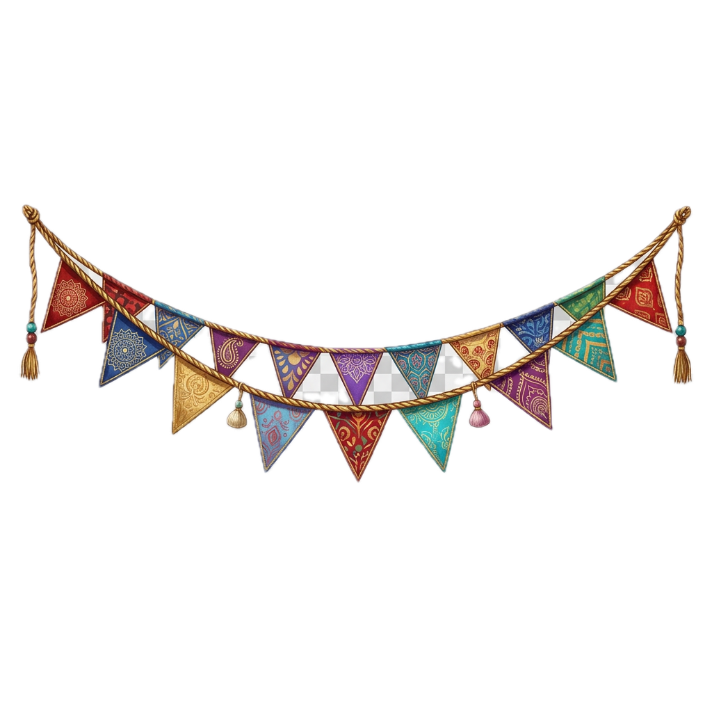 String of colorful triangular bunting flags on a transparent background