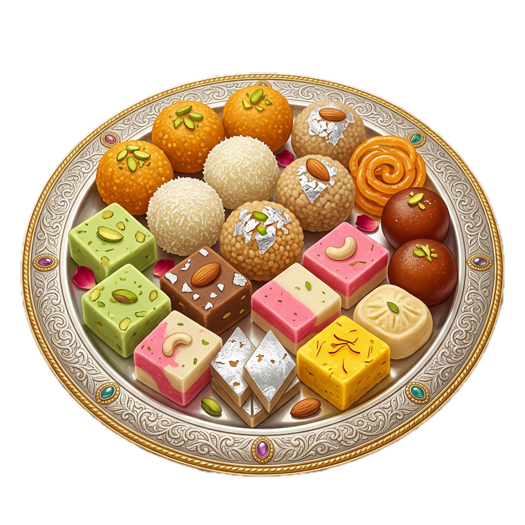 Assorted colorful ladoo and barfi sweets arranged on a decorative plate