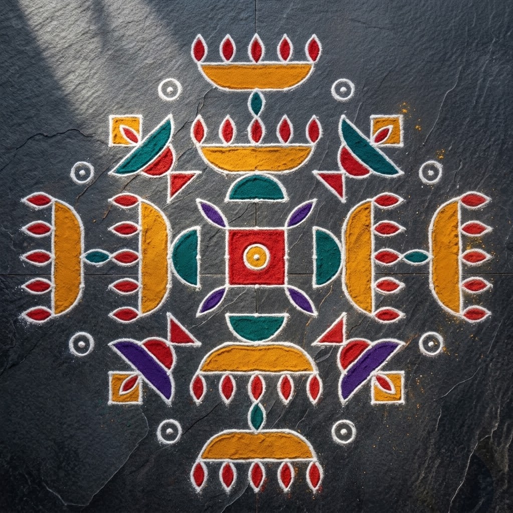 Square geometric rangoli with four orange diyas and teal, red, and purple motifs