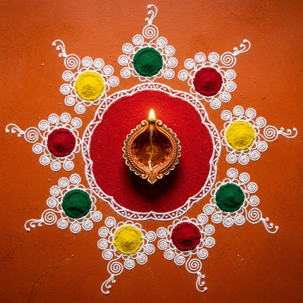 Central lit diya inside a red circle with white spiral motifs and colored dots