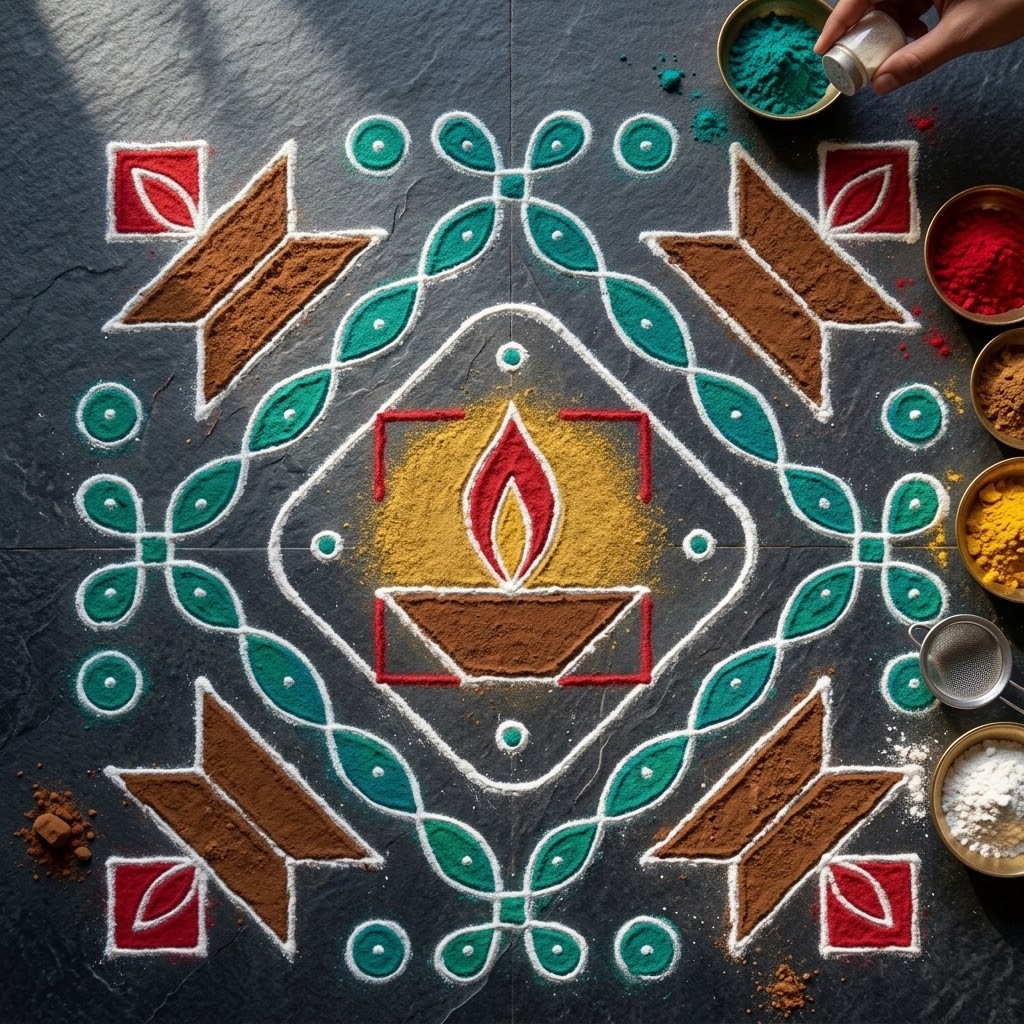 A hand applies teal powder beside a geometric diya rangoli on dark stone