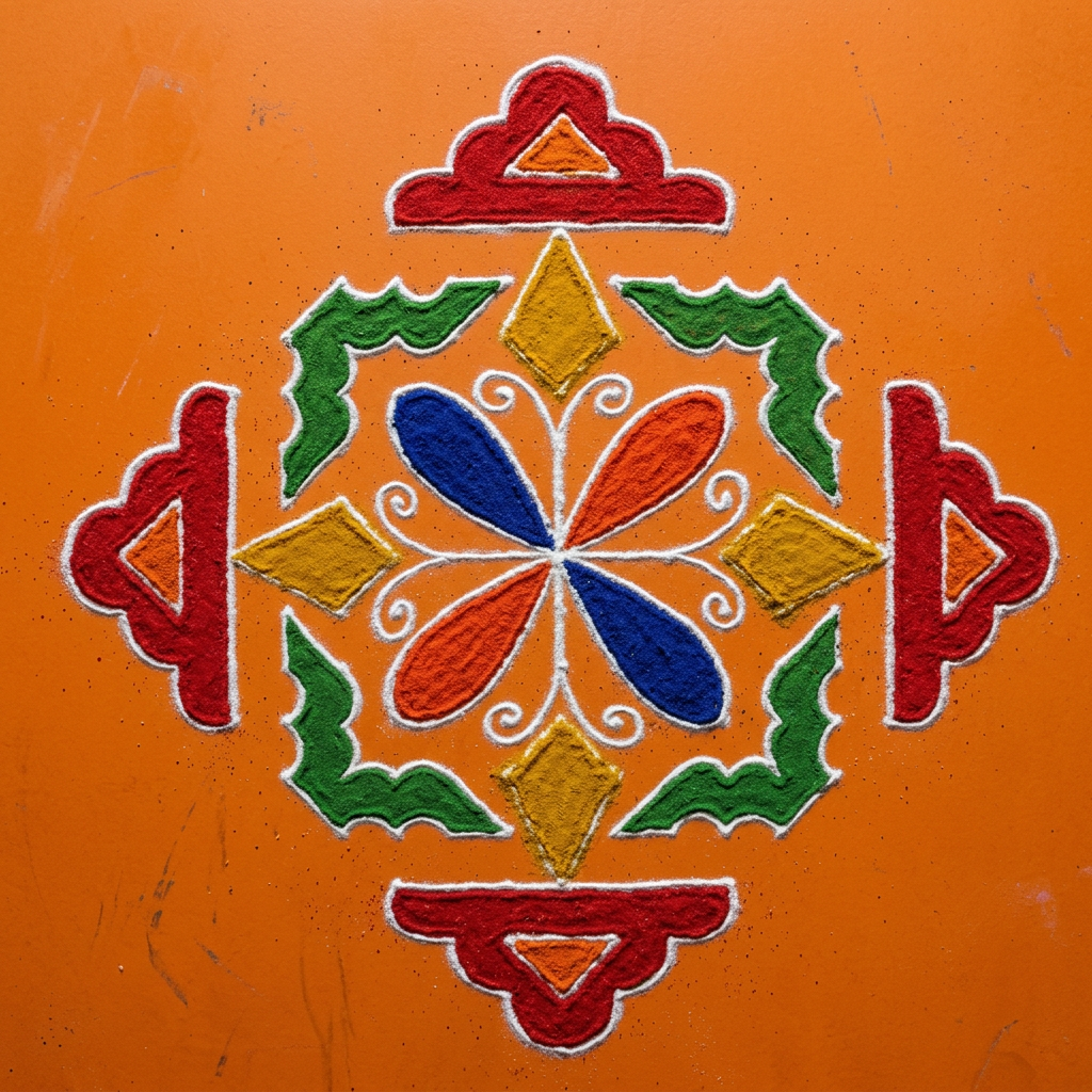 Red flower with multicolored petals framed by paisleys and leafy corner motifs