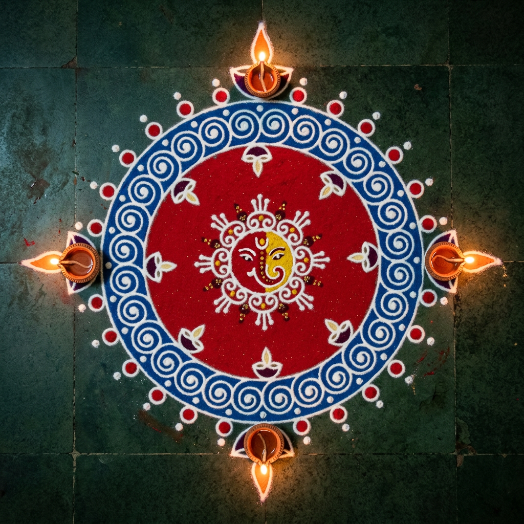 Ganesha face inside a red circle with a blue spiral border and four lit diyas