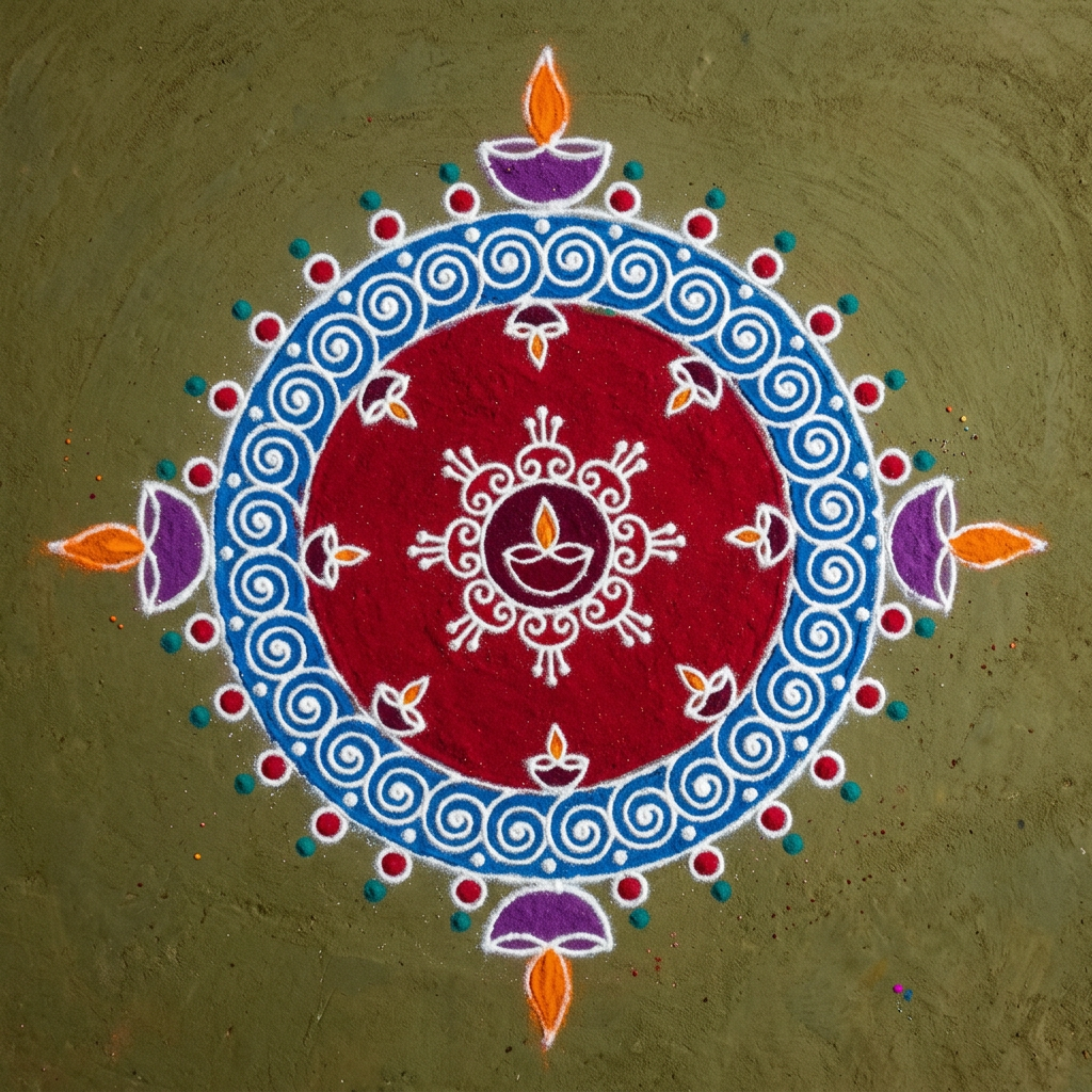 Green flower at the center of a circular rangoli with red, yellow, and blue rings