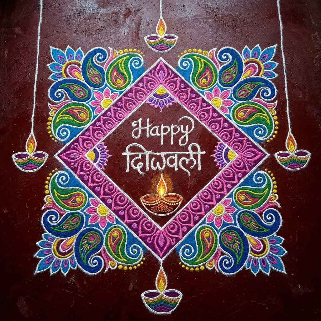 Diamond-shaped rangoli reading Happy Diwali with a diya and colorful paisley borders