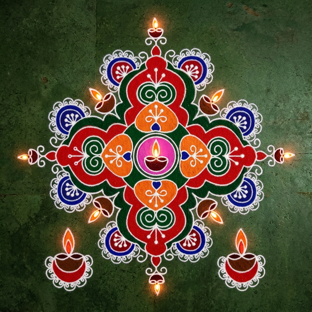 Symmetrical cross rangoli with red and orange heart shapes and blue and pink curves