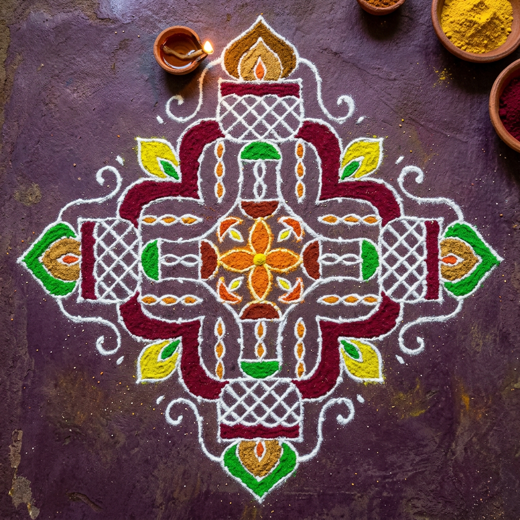 Intricate diamond rangoli with white lattice borders and a diya at the top