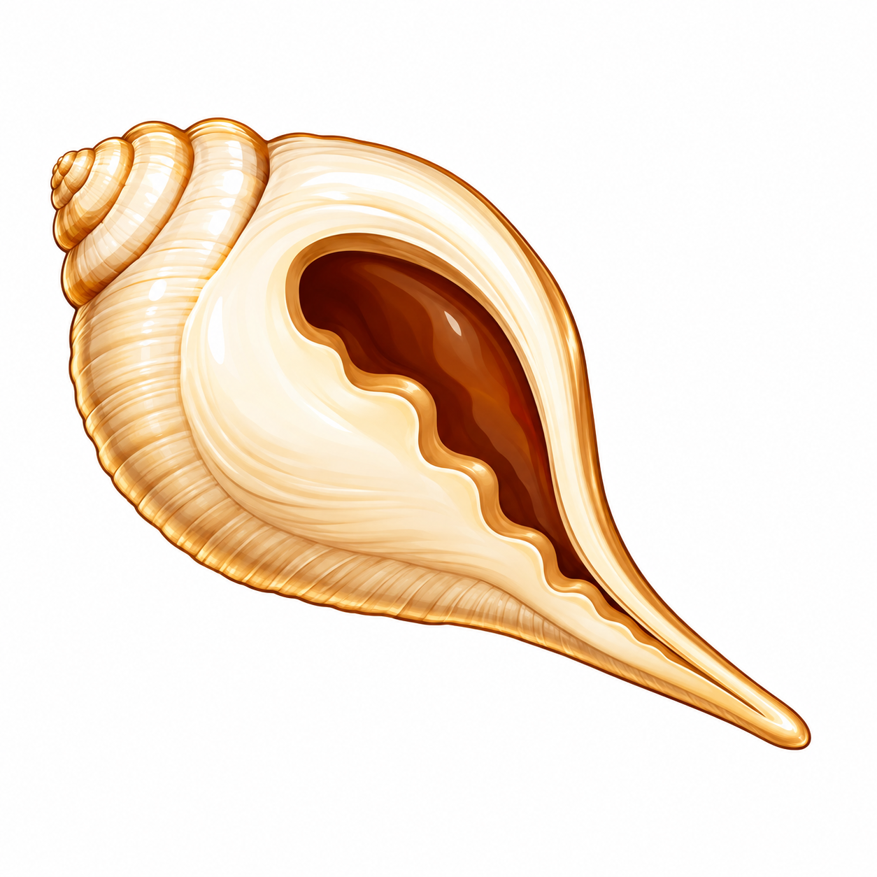 An ivory-colored conch shell with its opening visible