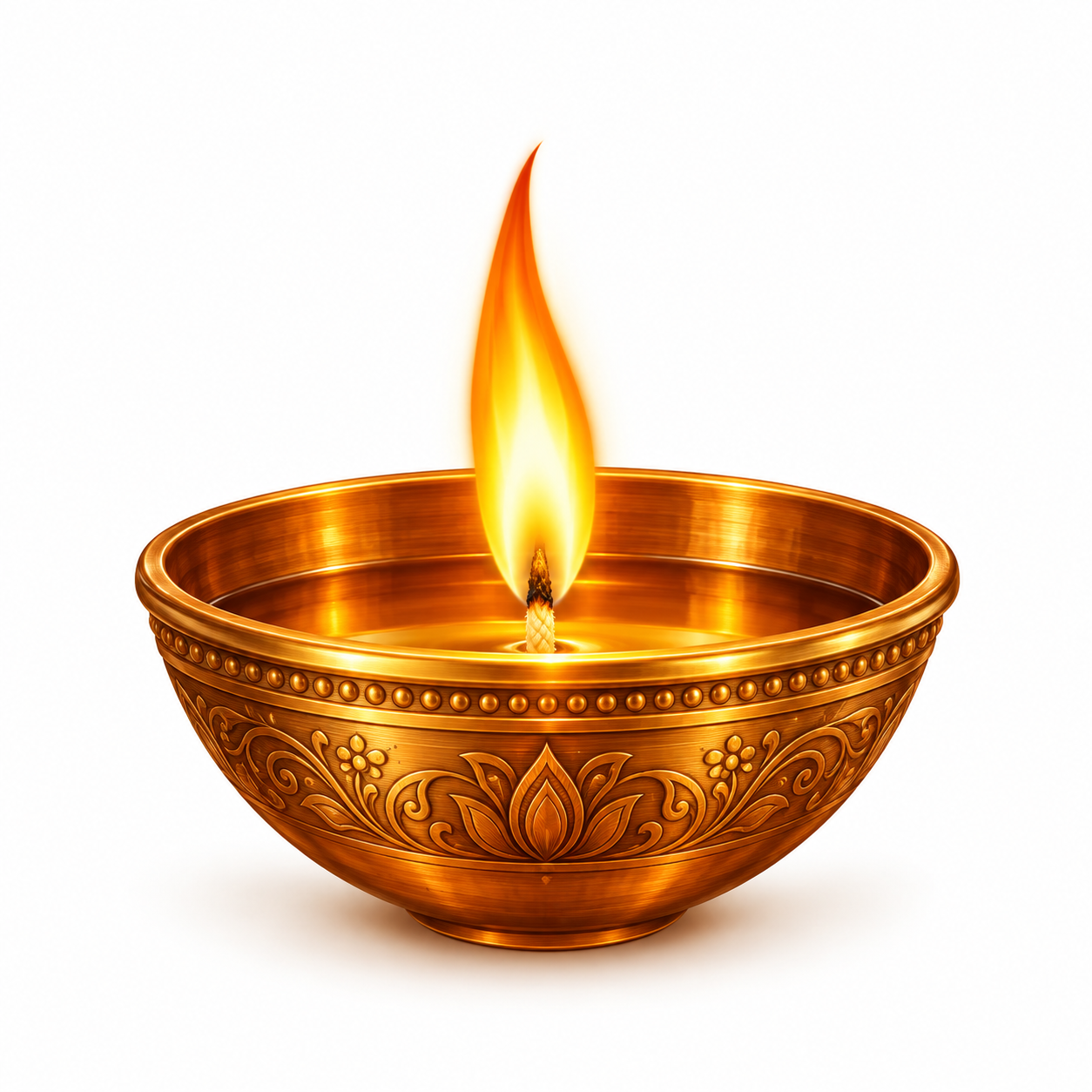 A lit brass diya with an ornate bowl and tall flame