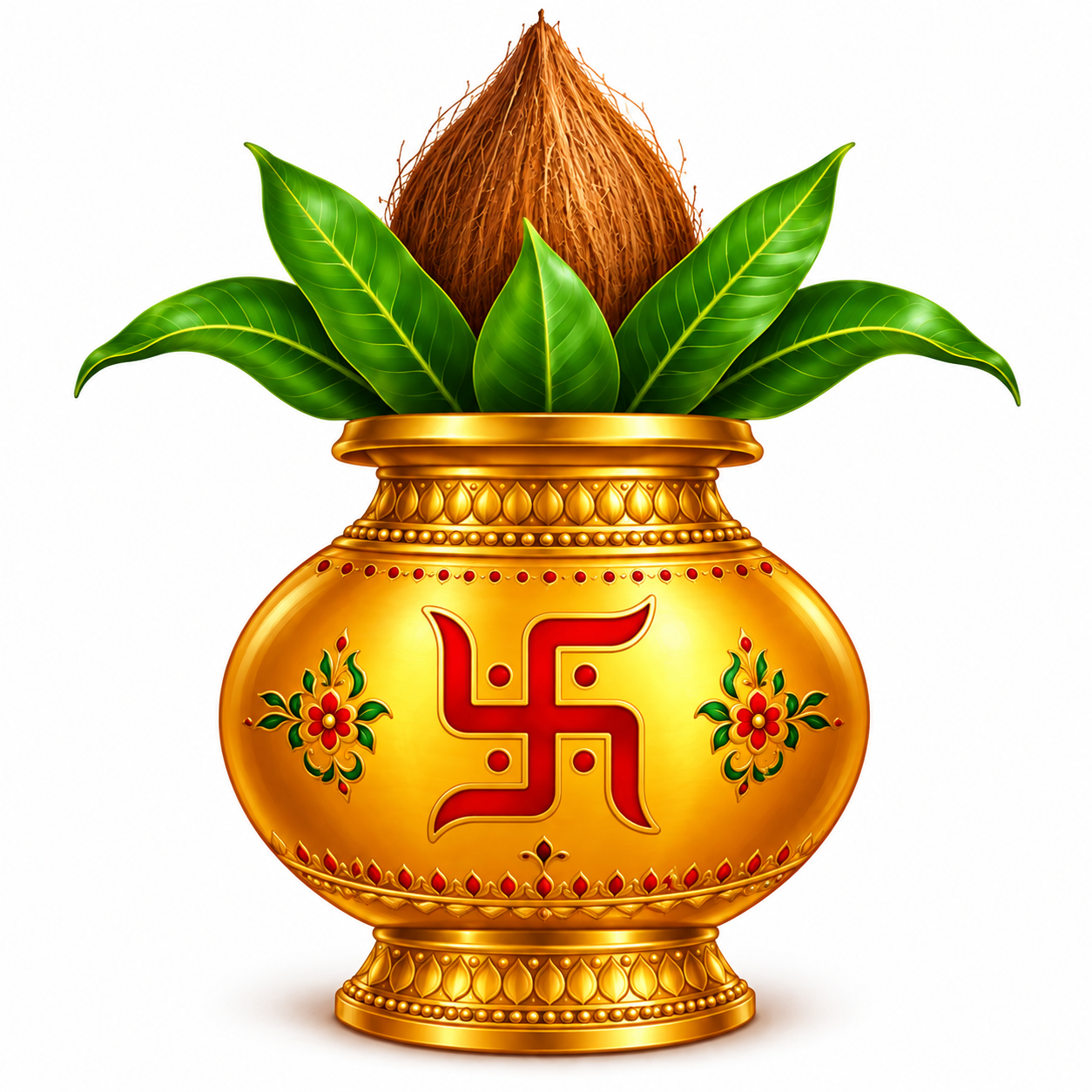 A decorated gold kalash topped with a coconut and green leaves