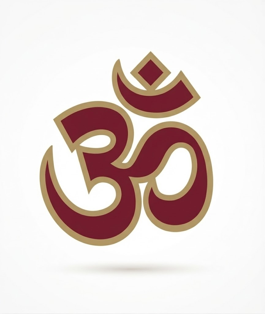 A maroon Om symbol outlined in gold on a white background
