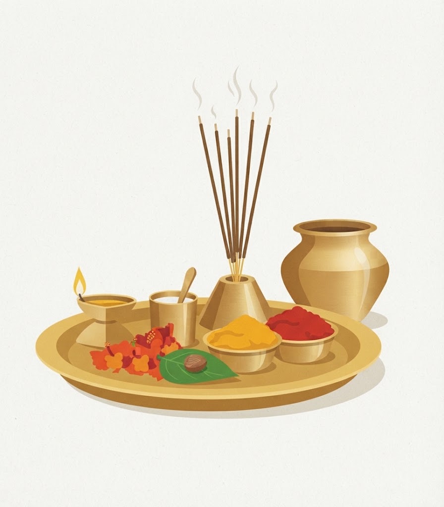 An illustrated puja thali with a diya, incense sticks, flowers, and offering bowls