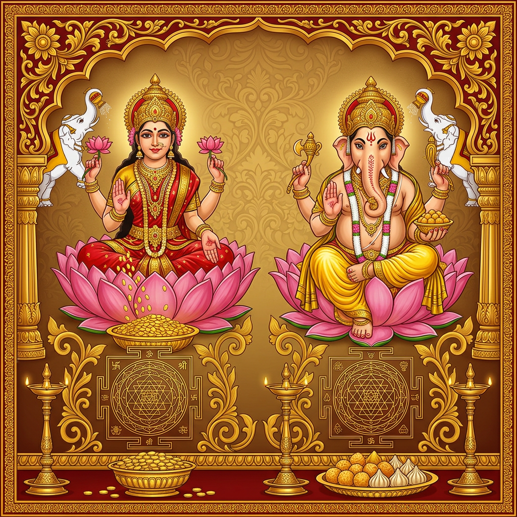 कमलसहित लक्ष्मी-गणेश भक्तिपूर्ण कला